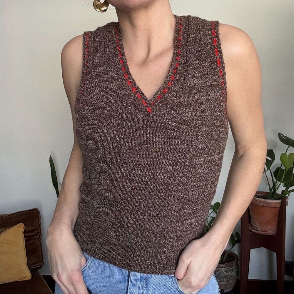 Vintage 1970s Knit Sweater Vest Brown V-Neck Red Stitching